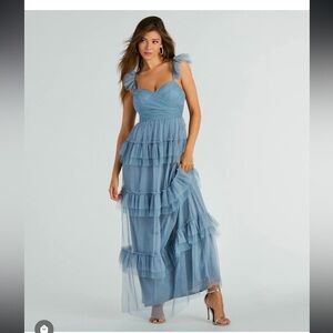 NWT WINDSOR Dusty Blue Tulle Maxi Dress Size SMALL